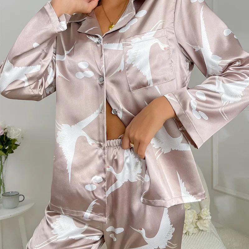 

Print Flower Sleepwear Spring Female Pajamas Set Loose Loungewear Casual Rayon 2PCS Shirt&Pant Suits Elastic Waist Home Clothes