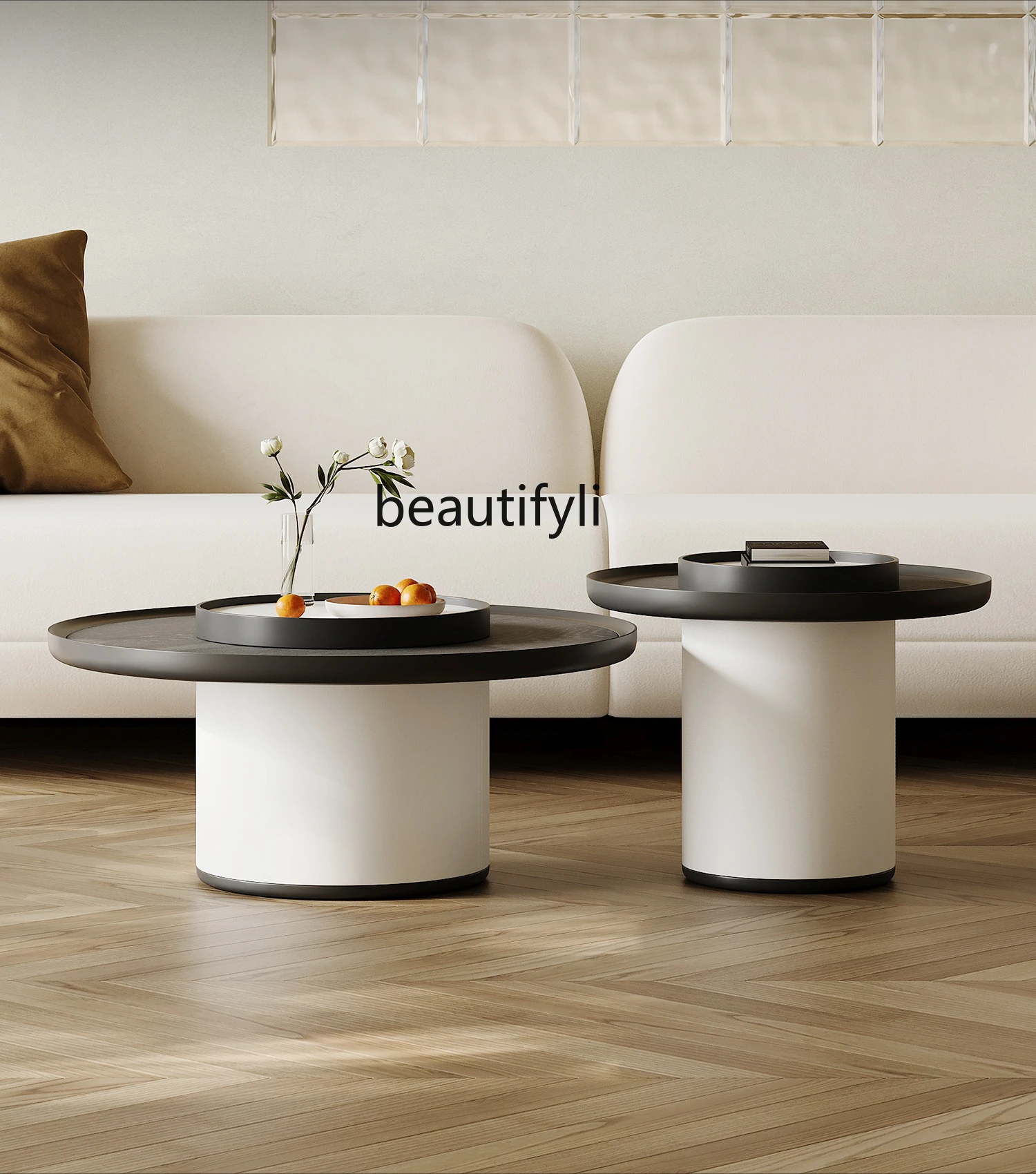 Italian minimalist solid wood coffee table combination round smoked veneer saddle leather living room home