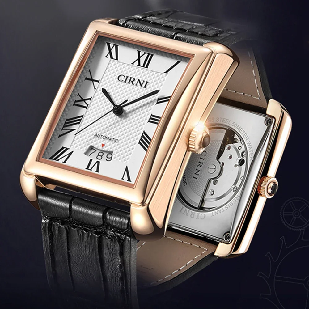 CIRNI Mens Automatic Watches Luxury Dress Watch Fashion Mechanical Wristwatch Business Rectangle Waterproof Golden Clocks 2022