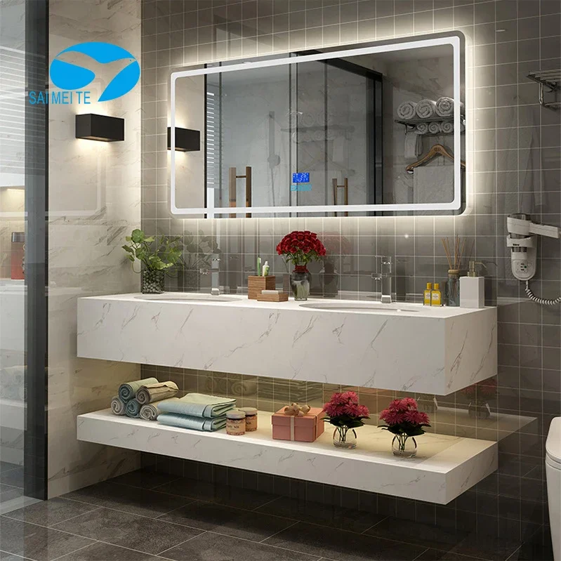 Customized Wall Mount Bath Vanity Light Up Mirror Rectangle Touch Screen Smart Bathroom Mirror Led