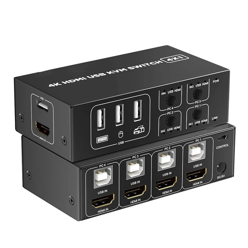 4 Port HDMI KVM Switch 4 in 1 out 4K 60Hz HDMI USB Switch Selector with Desktop Controller for 4 PC Share Monitor Mouse Keyboard