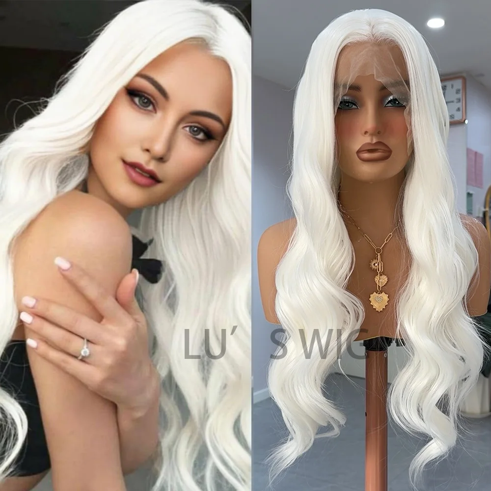 White Body Wave Lace Wig Synthetic Hair Long Deep Wave Wigs Snow White Wig Frontal Lace Wigs for Women Ready to Wear Cosplay Wig