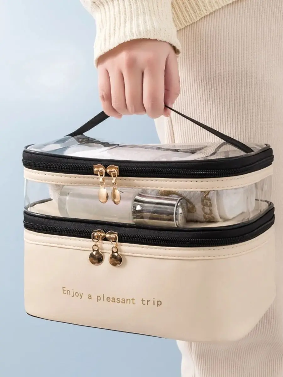 Double layer PU cosmetic bag large capacity portable storage bag waterproof travel toiletry bag