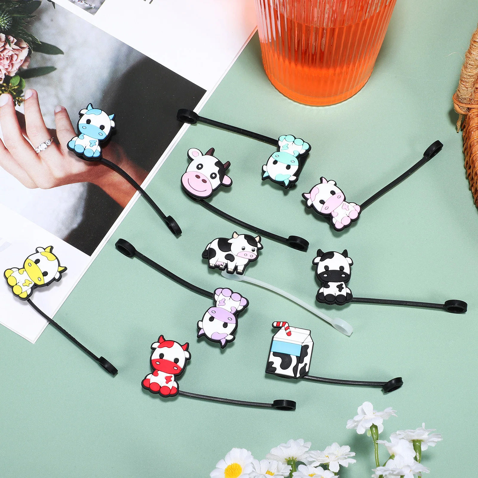 

10Pcs Silicone Straw Toppers Cute Cow Design Dust-Proof Covers for Drinking Straws Reusable Straw Tips Protection Caps
