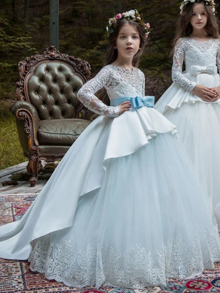 White Flower Girl Dresses Tulle Stain Puffy Appliques With Big Bow Long Sleeve For Wedding Birthday Party Banquet Princess Gowns