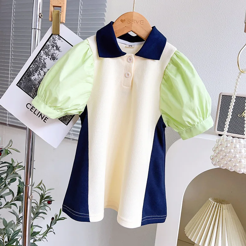 

2024Summer New Color MatchingpoloHanfu Long Robe Casual Fashionable Stylish Girls' Skirt New Little Kids' Dress-WSNY