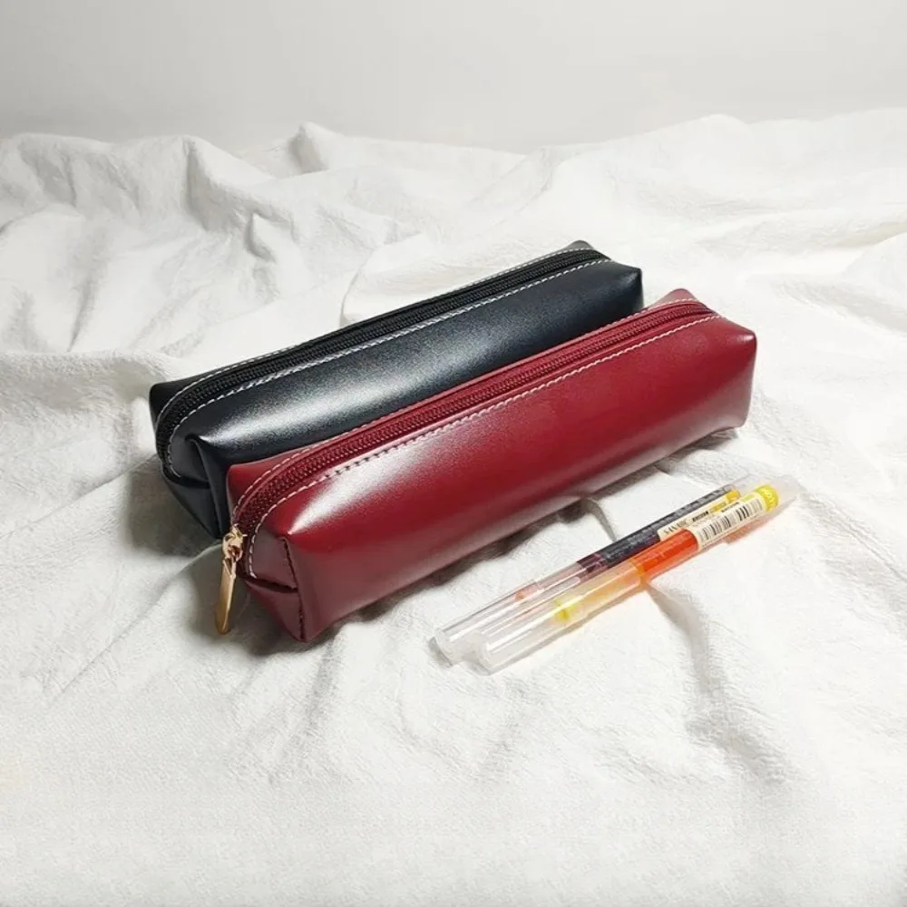 Trendy Portable Pencil Case Solid Color Small Size Stationery Box PU Simple Design Pen Bag School Office Use