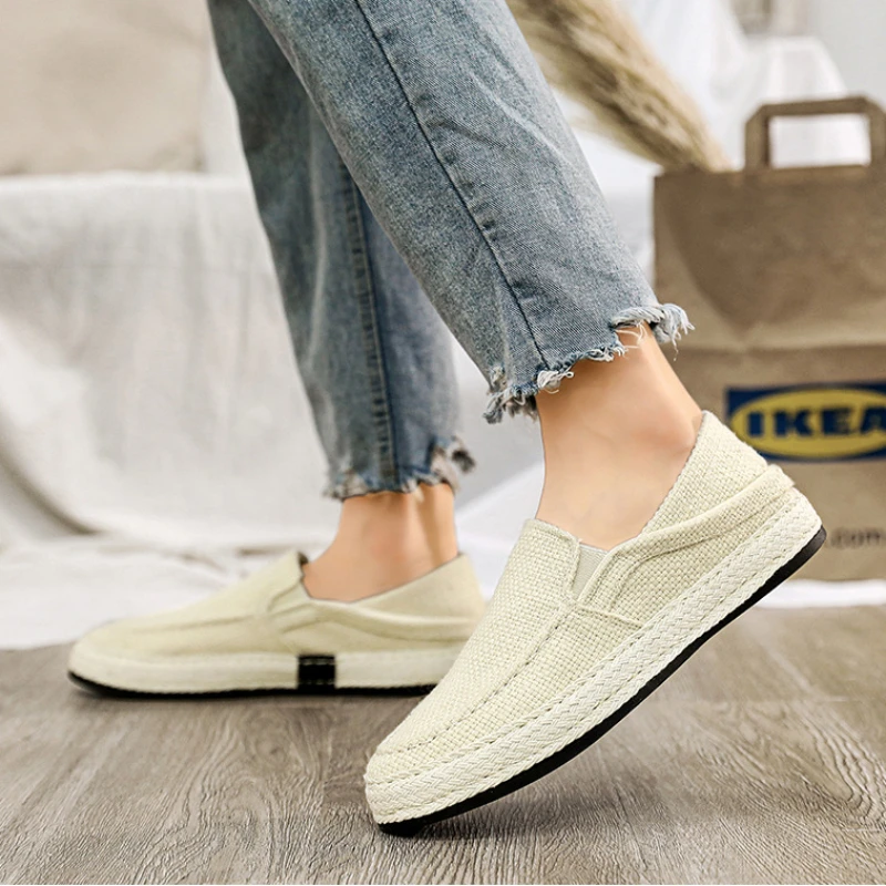 2024 New Men's Casual Shoes Summer Loafers Linen Breathable Walking Shoe Classic Flat Lazy Shoes for Men Weaving Tenis Masculino