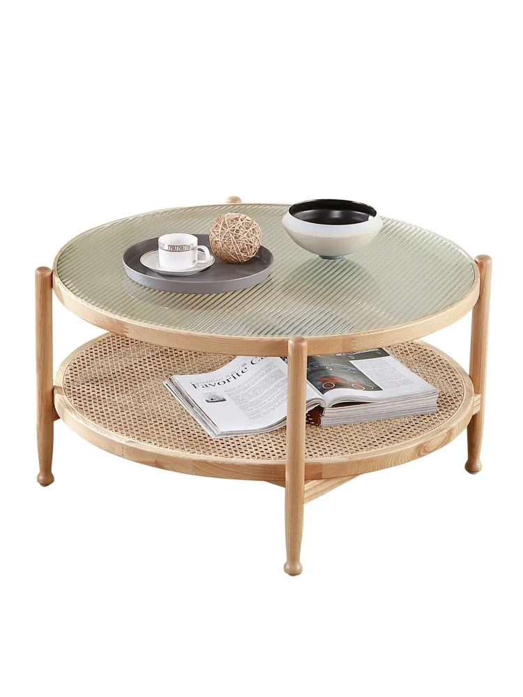 Mesa de centro moderna tejida de ratán de madera maciza, sala de estar, alojamiento en familia, mesa auxiliar de estilo japonés, balcón de cristal, pequeña y redonda