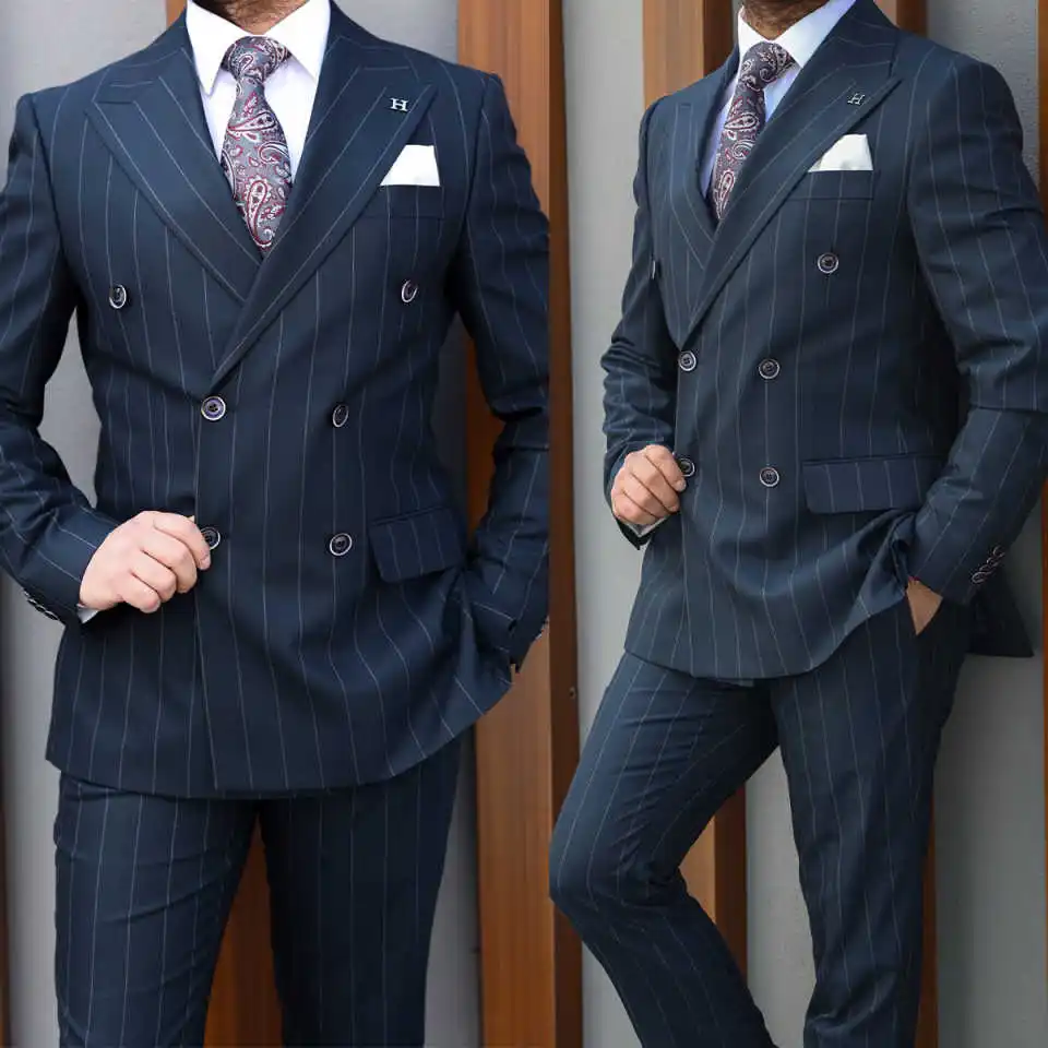 

Классический свадебный смокинг, деловой костюм в полоску из 2 предметов, стильный двубортный вечерний костюм для жениха, наряд для вечеринки, индивидуальный пошив