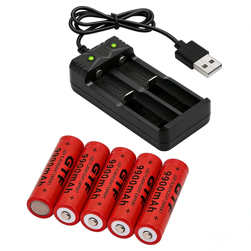 Button Top 18650 Rechargeable Battery 9900mAh Long-life 18650 Li-ion Battery with Charger Low Self-discharge High Capacity