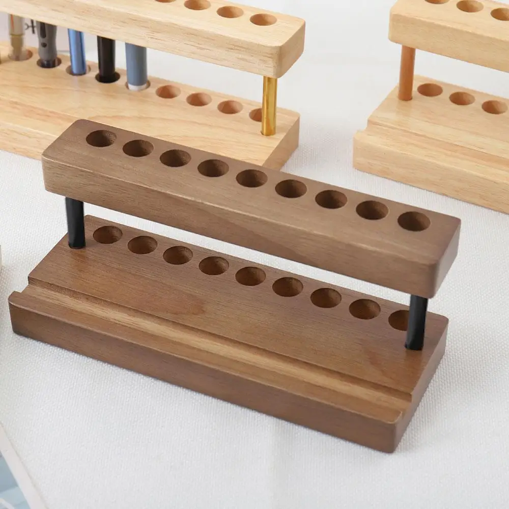 1PC Walnut Wood Pen Holder Desk Organizer Phone Stand Storage Retro Wooden Pen Holder Desk Stationery Pen Storage Phone Holder