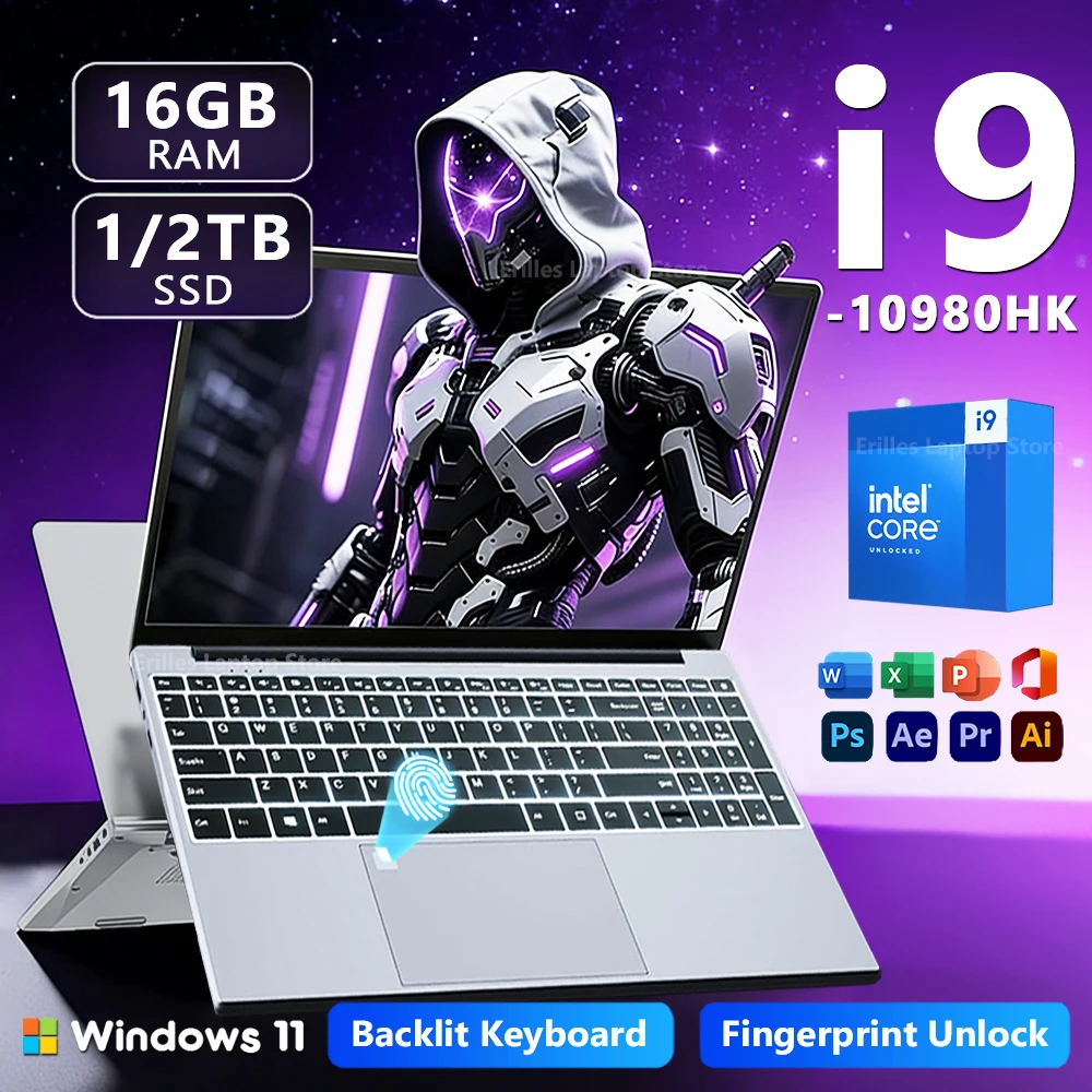 

15.6"Laptop Intel Core i9 10980HK Windows 11 Gaming PC 16GB RAM Computer 1TB 2TB SSD Fingerprint Unlock 1080P Keyboard Backlight
