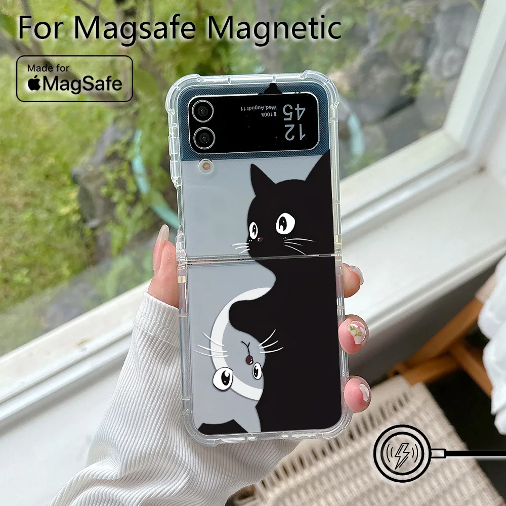 Cute Cartoon Funny Black Cat Magsafe Magnetic Phone Case for Samsung Galaxy Z Flip 3 4 Z Flip 5 6 Z 5G Transparent Back Cover