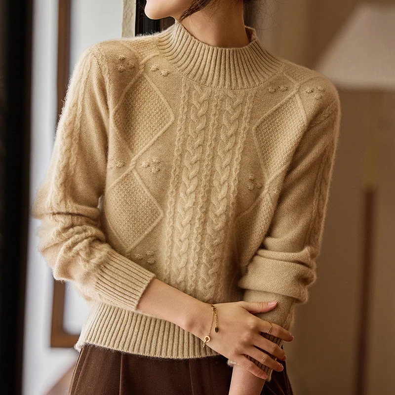 Women 100% Merino Wool Gentle Mock Neck Sweater Solid Color Pullover Soft Cashmere Fashion Basic Casual Versatile Clothing Top