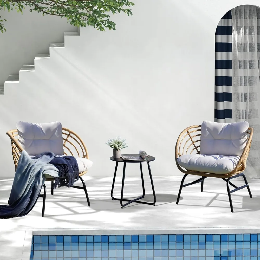 

3-Piece Outdoor Furniture Set - Wicker Sofa with Thick Beige Cushions, Patio Coffee Table, Perfect for Porch