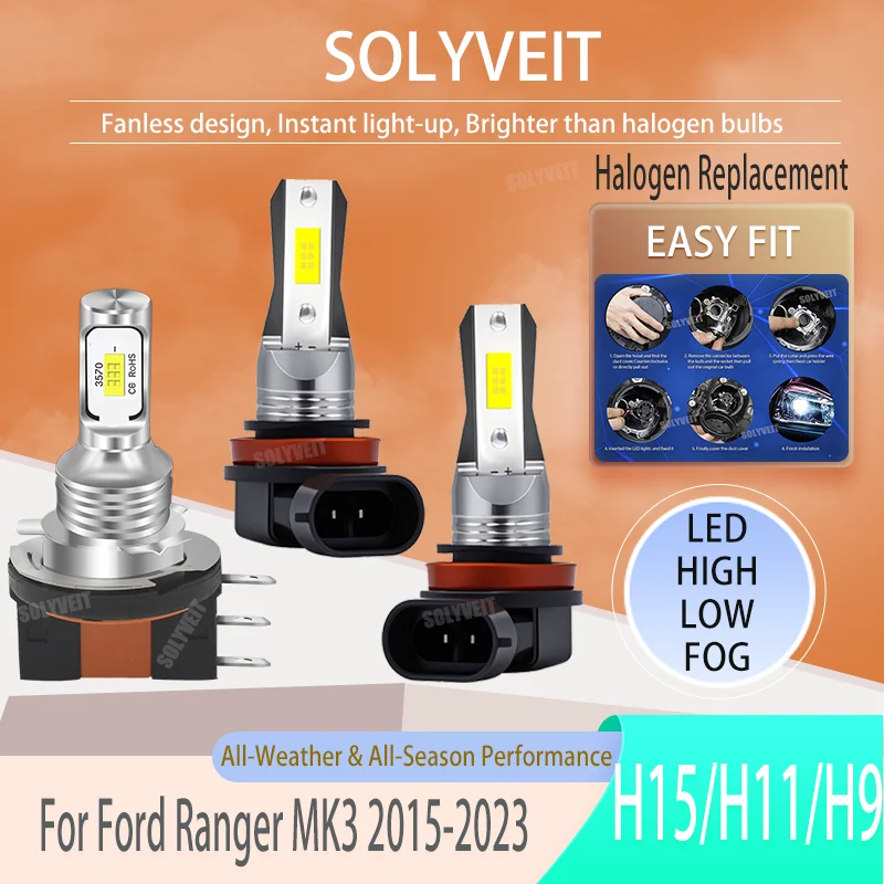 

H15/H11/H9 LED High Low Fog Bulb Kit 6000k White Halogen Size For Ford Ranger MK3 2015 2016 2017 2018 2019 2020 2021 2022 2023