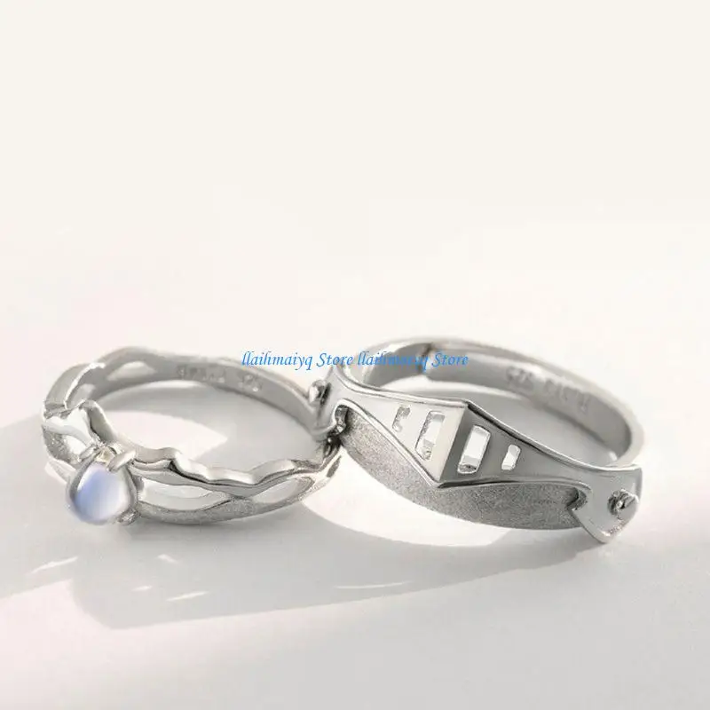 573B 2x Princess and Knight Matching Rings Moonstone Adjustable Open Band Couple Ring