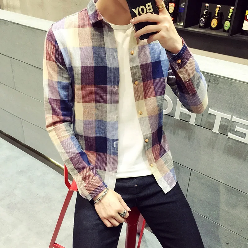 

Men's Long Sleeve Cotton Linen Shirt Slim Fit Autumn Winter Fashionable Plaid Outerwear Hong Kong Style Popular Handsome Shirt