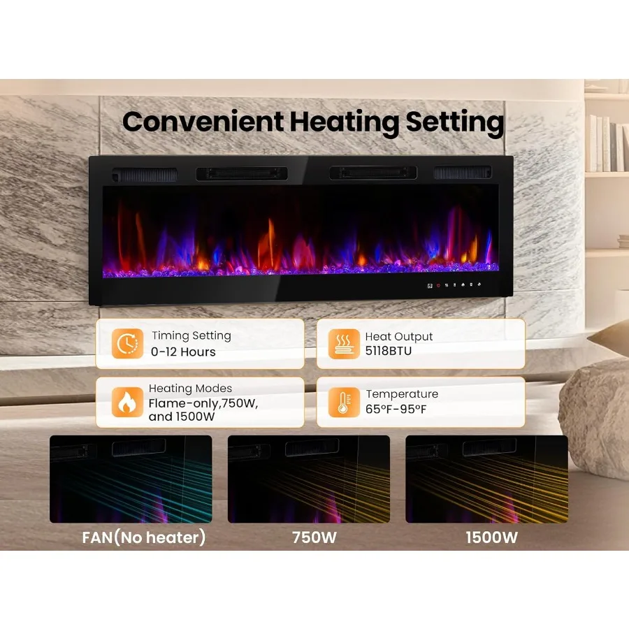 Camino elettrico a parete 60 con potenza di riscaldamento da 1500 W Design da incasso per soggiorno o camera da letto 3 modalità di riscaldamento Slim Bla