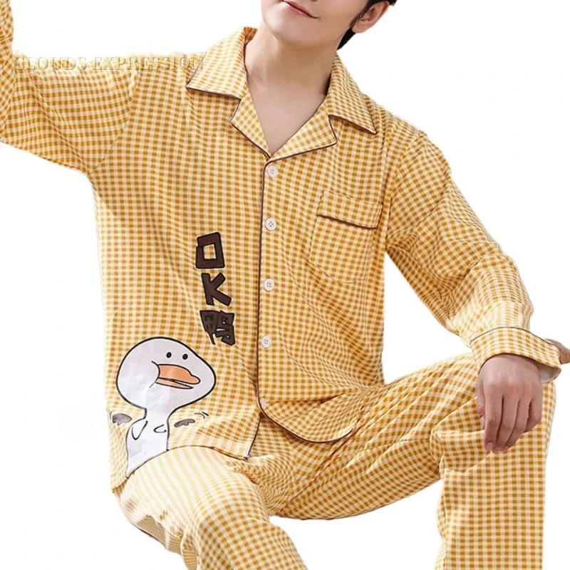 SPRING Two Piece Sleepwear Cartoon Duck Printting Short-sleeved Men's Pjamas Sets Long Pants Sleep Loungewear Pijamas  Homewear