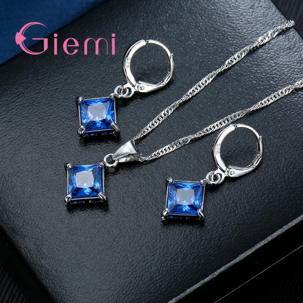Big Promotion 925 Sterling Silver  Necklace Earrings Jewelry Sets for Women Female Classic Square Clear Zircon Bijoux