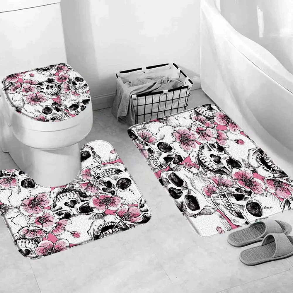 Flower Skull Autumn Pumpkin Bathroom Rug Set Horror Artist Home Footrest Bathroom Mat Toilet Cover Bathroom Decor Accessories