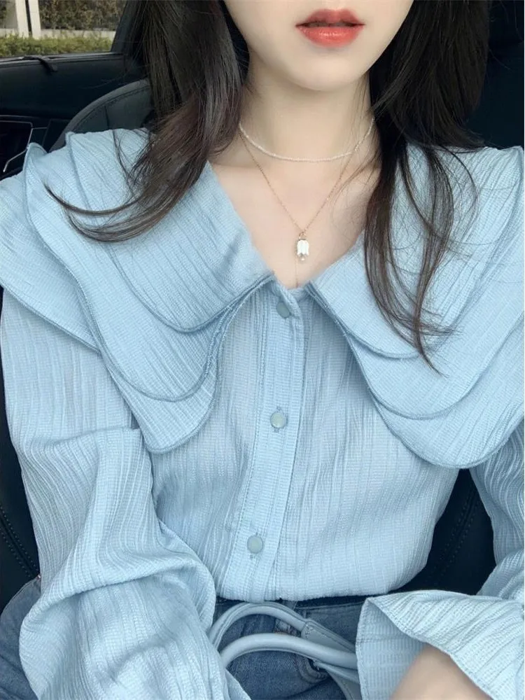 

Ele Blue Chiffon Long Sve irt Fem Spring Faion Sweet Sle Loose Fit Doll Collar Special Design Women's irt