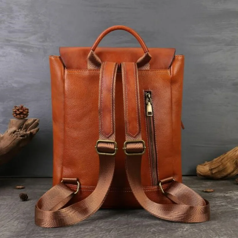 Top Grain Cowhide Leisure Backpack Pure Color Large Capacity Commuting School Daypack Genuine Leather Versatile Backpacks