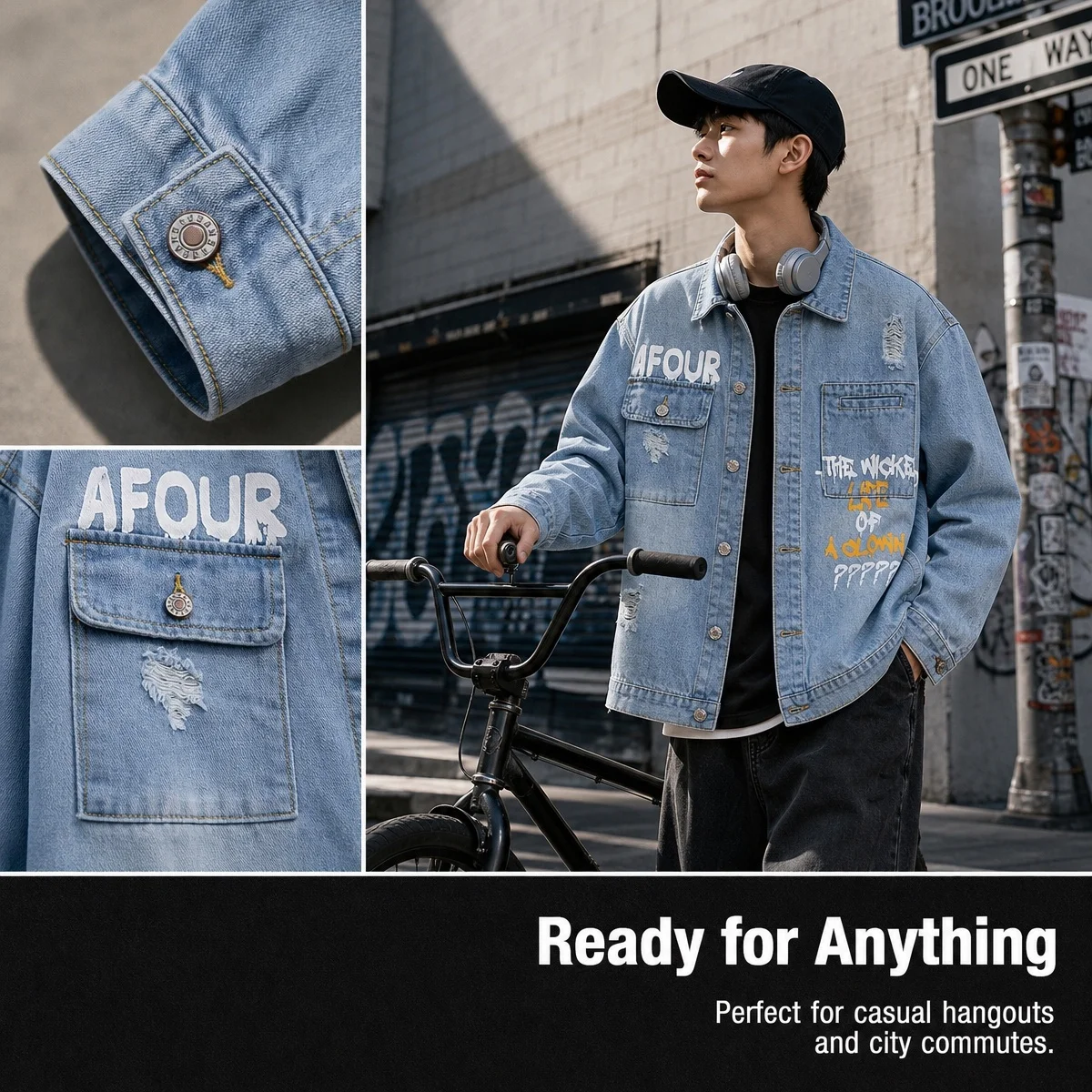 Men's Trendy Long Sleeve Pattern Printed Denim Jacket, Oversized Loose Streetwear Plus Size Versatile Casual Jean Coat