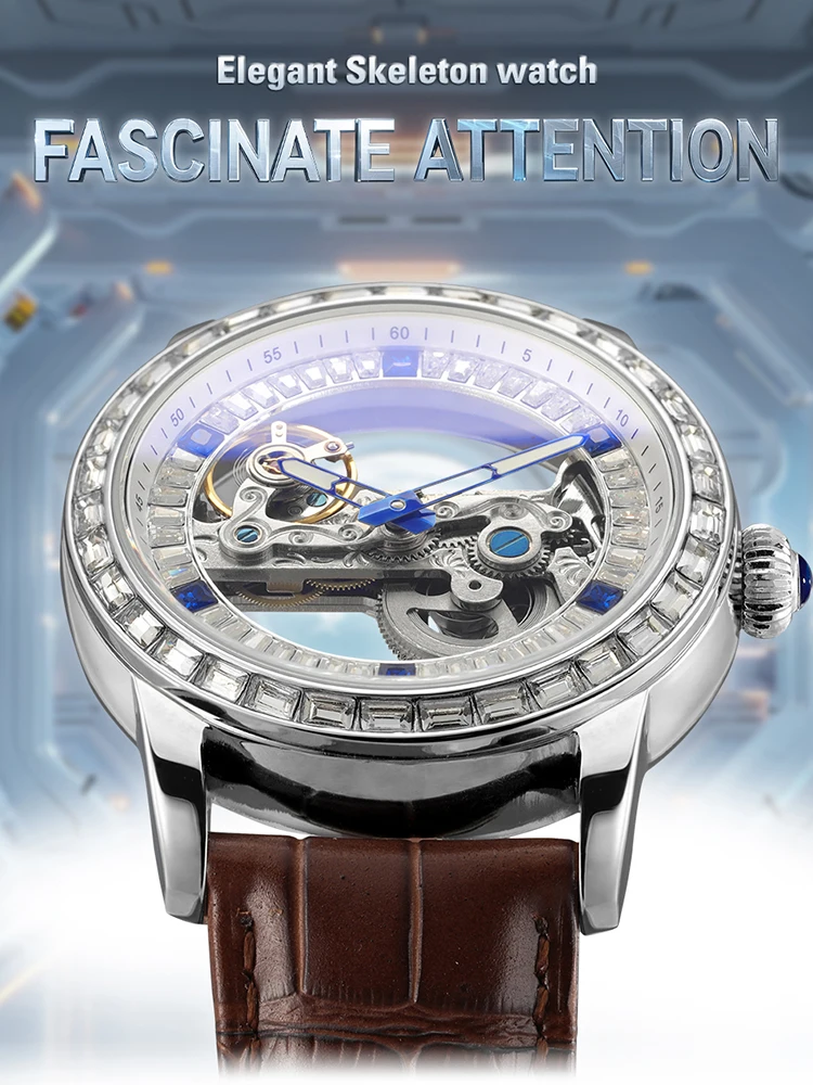 

Высококачественные роскошные деловые мужские часы SKROX Diamond с автоматическим механизмом, механические часы со скелетом, водонепроницаемые кожаные наручные часы