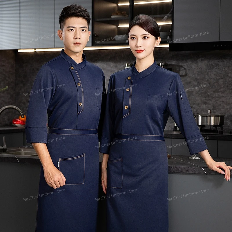 เสื้อเชฟฤดูหนาว เสื้อยืดเชฟแขนยาว ชุดยูนิฟอร์มเชฟ เสื้อโค้ทเชฟชาย ชุดยูนิฟอร์มร้านอาหาร เสื้อพนักงานเสิร์ฟโรงแรม รับสกรีนโลโก้