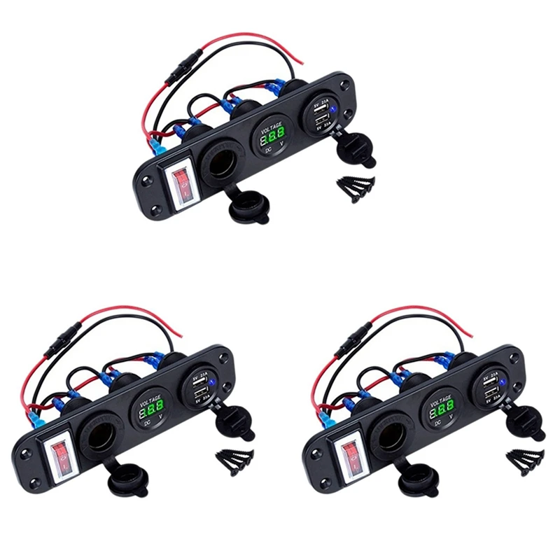 3X 4 In 1 Dual QC3.0 Power Charger C-Igarette Lighter Socket Digital Voltmeter With Rocker Switch