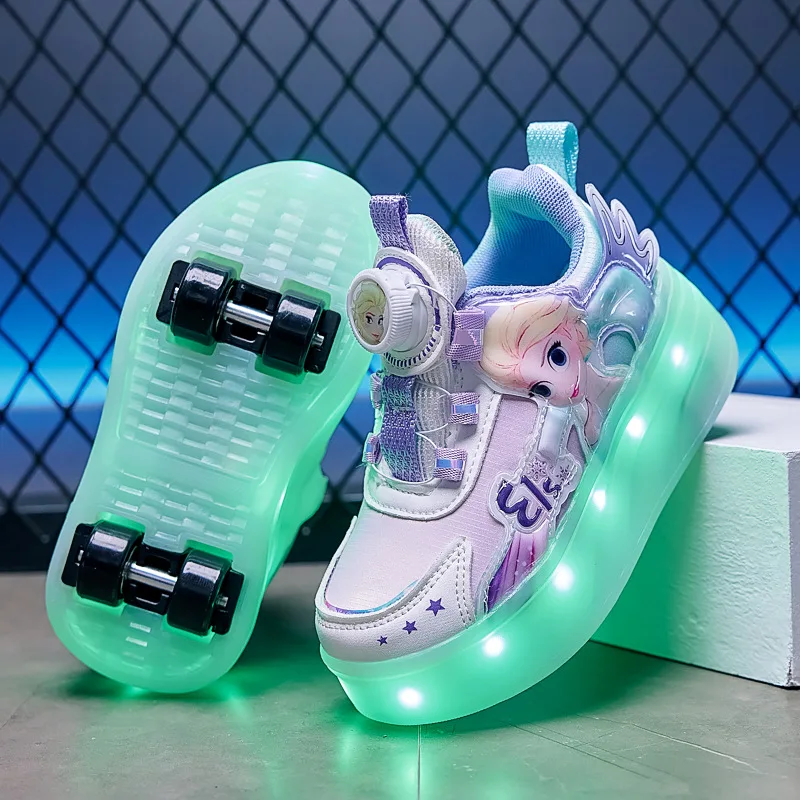 

Детская повседневная обувь, туфли для катания на роликовых коньках, детская обувь принцессы со светодиодной подсветкой из искусственной кожи, фиолетовые, розовые, размер 28-37