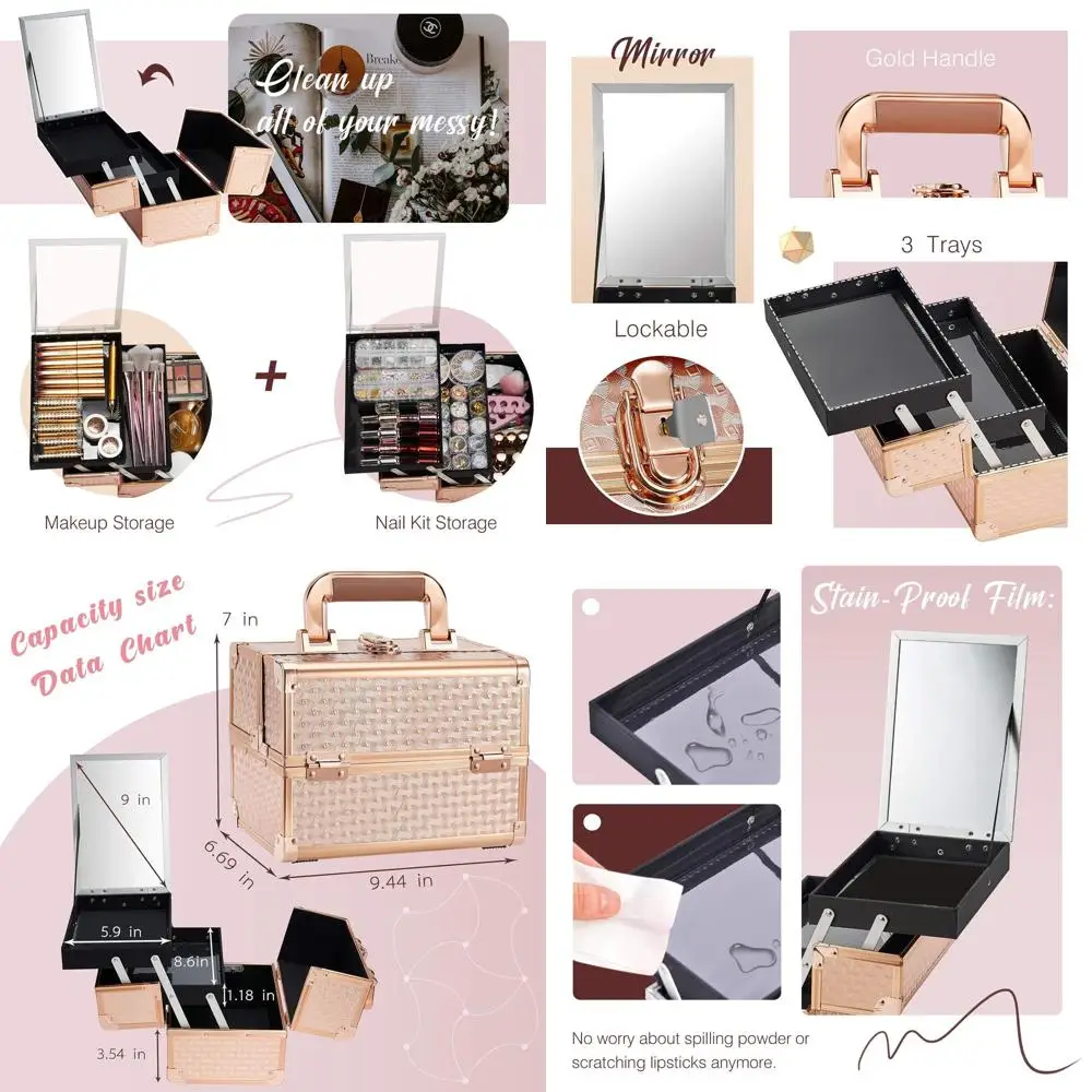 

Portable Lockable Rose Gold Makeup Train Case with 2-Tier Trays, Mirror, and Handle for Beauty and Jewelry Organization