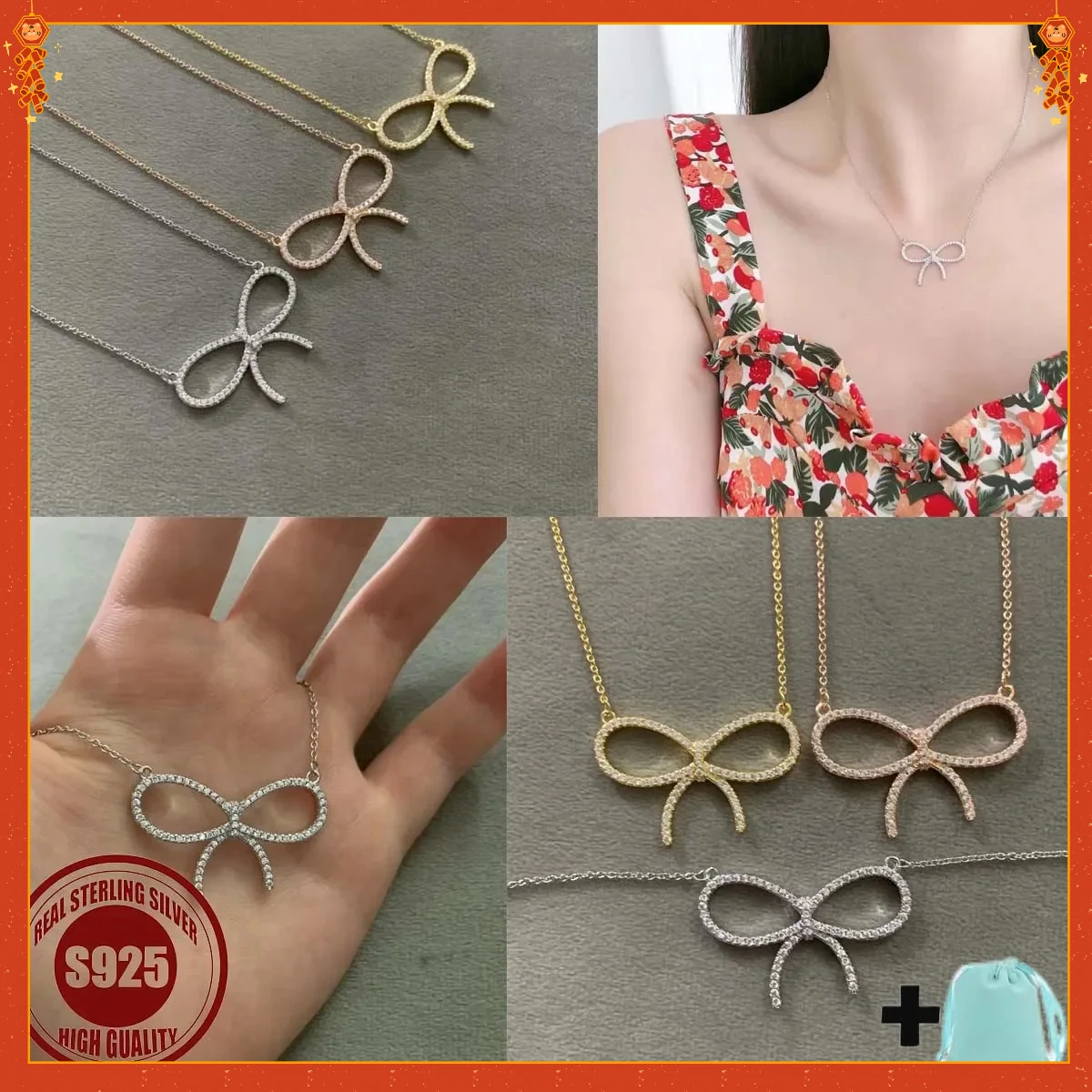 S925 zilveren mode klassieke boog serie mini hanger ketting geschikt voor dames sieraden cadeau ketting