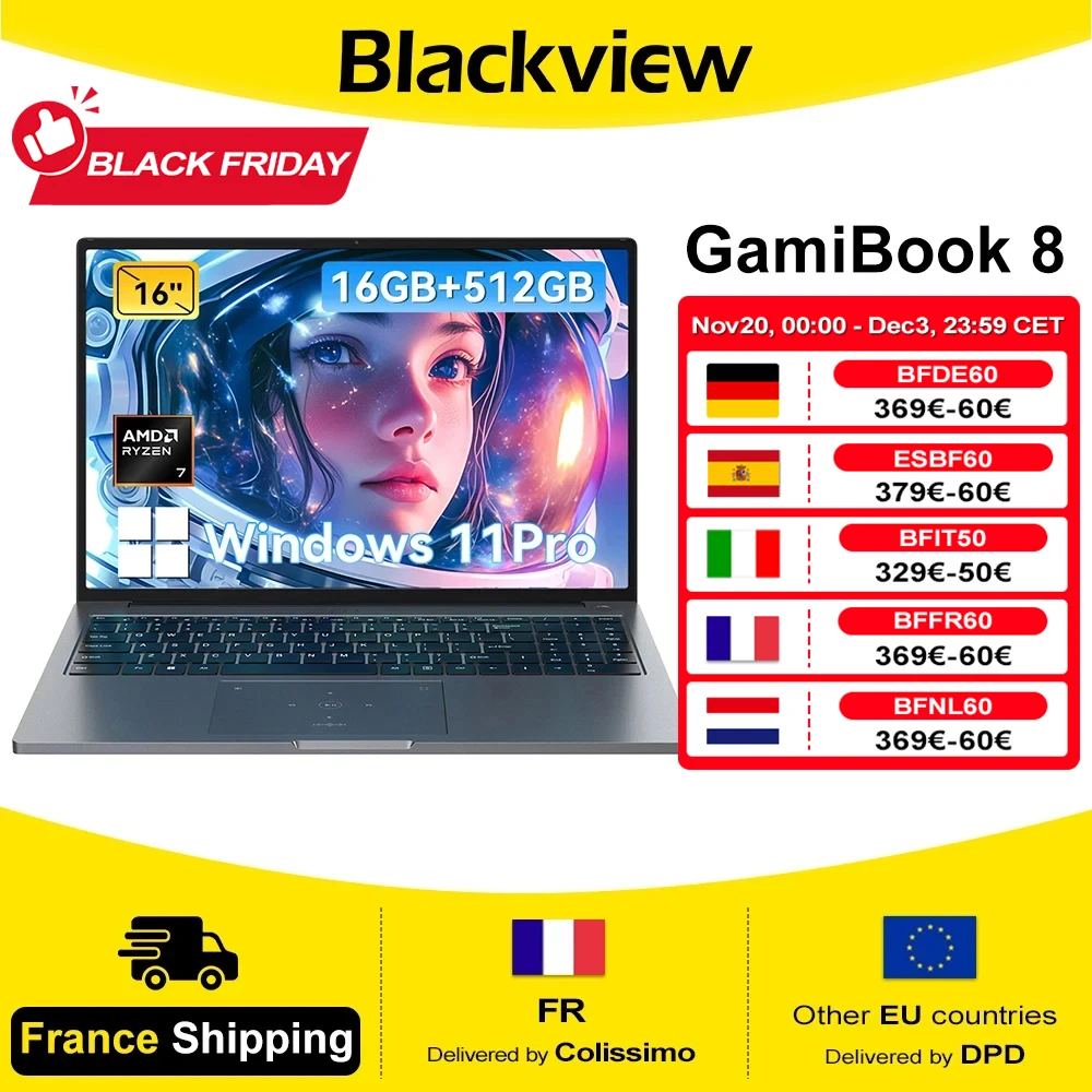 BLACKVIEW GamiBook 8 AMD R7 7735HS 16" 16GB DDR5 512GB SSD 5000MAH Ordinateur Portable Windows 11 Pro 1920*1200 Clavier Rétroéclairé 120Hz