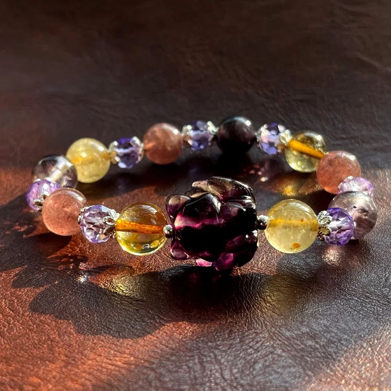 Citrine Amethyst Strawberry Crystal Hair Crystal Fluorite Carving Nine-tailed Fox Duobao Bracelet