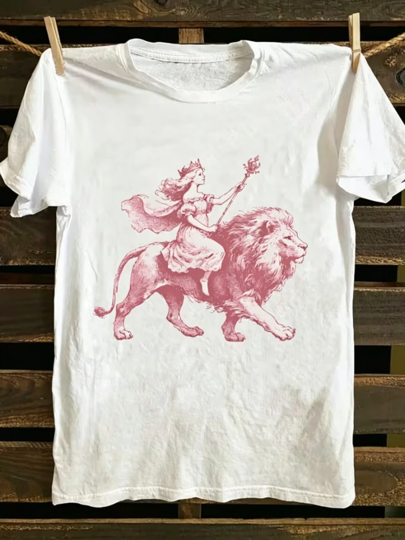 Retro-T-Shirt mit Göttin auf Löwen-Motiv, Vintage-Mythologie-Grafik, kurzärmelig, für Herren und Damen, lässig, locker, Streetwear, Alltagskleidung – Detail 2