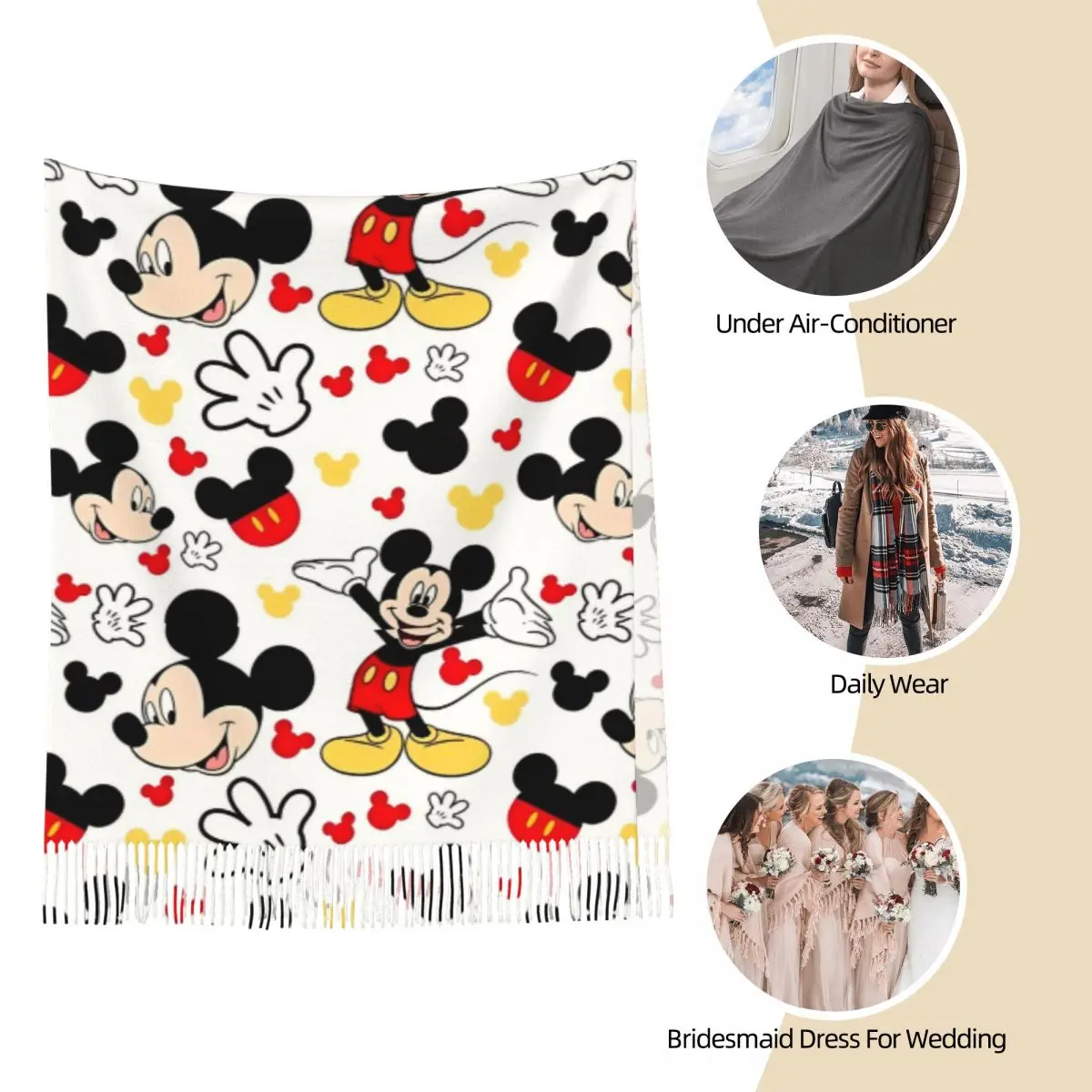 Mickey Mouse Cartoon Cute Scarf for Women Warm Winter Cashmere Shawl Wrap Long Shawl Scarf Daily Wear