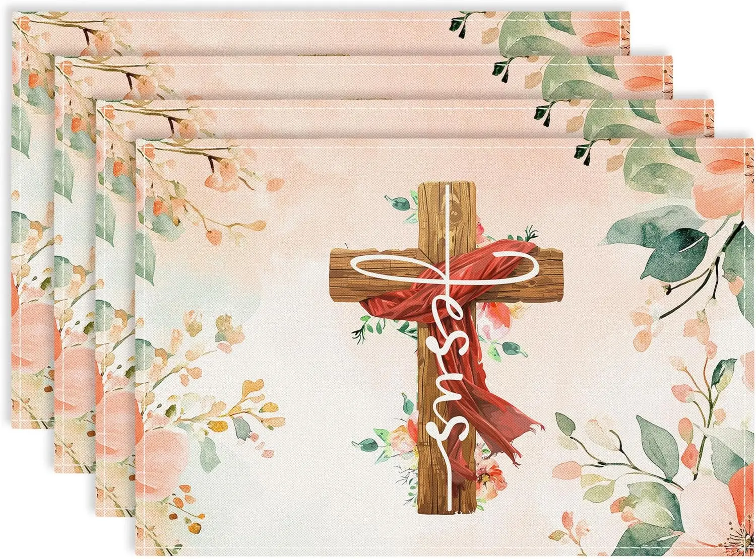 Christian Cross Jesus Flowers Floral Placemats Spring Watercolor Rustic Table Mat Decor, Seasonal Summer