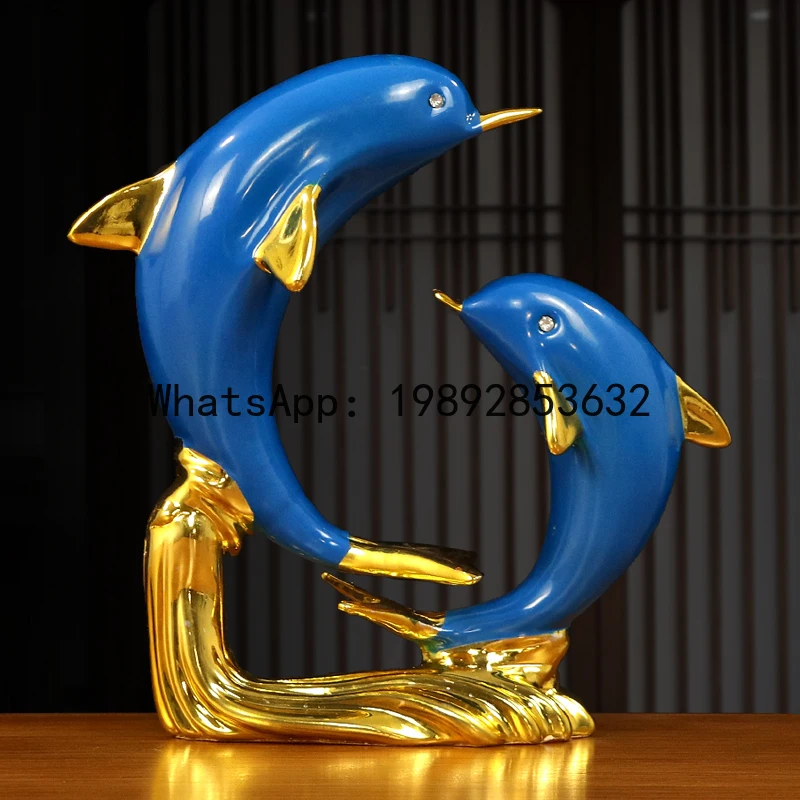Dolphin Figurine Simulation Dolphin Sculpture Resin Handicrafts Blue Fish Couple Statues Ocean Home Decoration Accessories