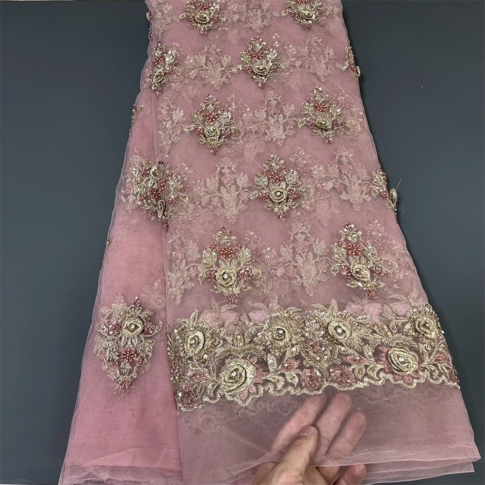 

2025,New,High Quality African Nigerian Tulle Lace Fabric Sequins Embroidery French Guipure Wedding Party Dress Beaded 5Yards
