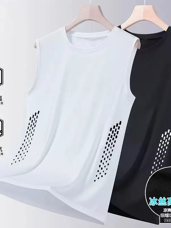 New 2026 Men's Ice Silk Tank Top T-Shirt Summer Loose Fitness Sport Quick Dry Sleeveless Thin Body Fit round Neck Pullover