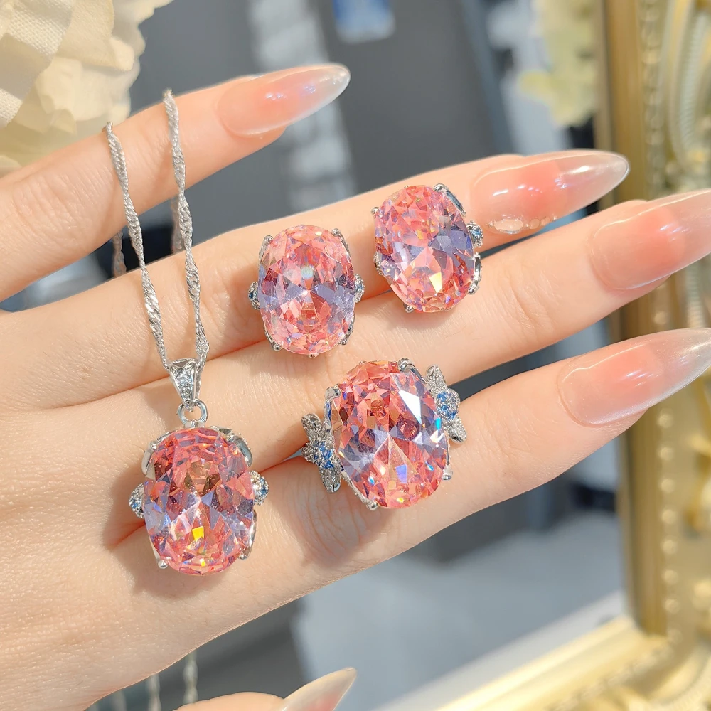 Set of 925 Sterling Silver. Exquisite Oval Zircon Jewelry with Necklace, Ring and Earrings. Fantastic, Stylish and Eye-catching.