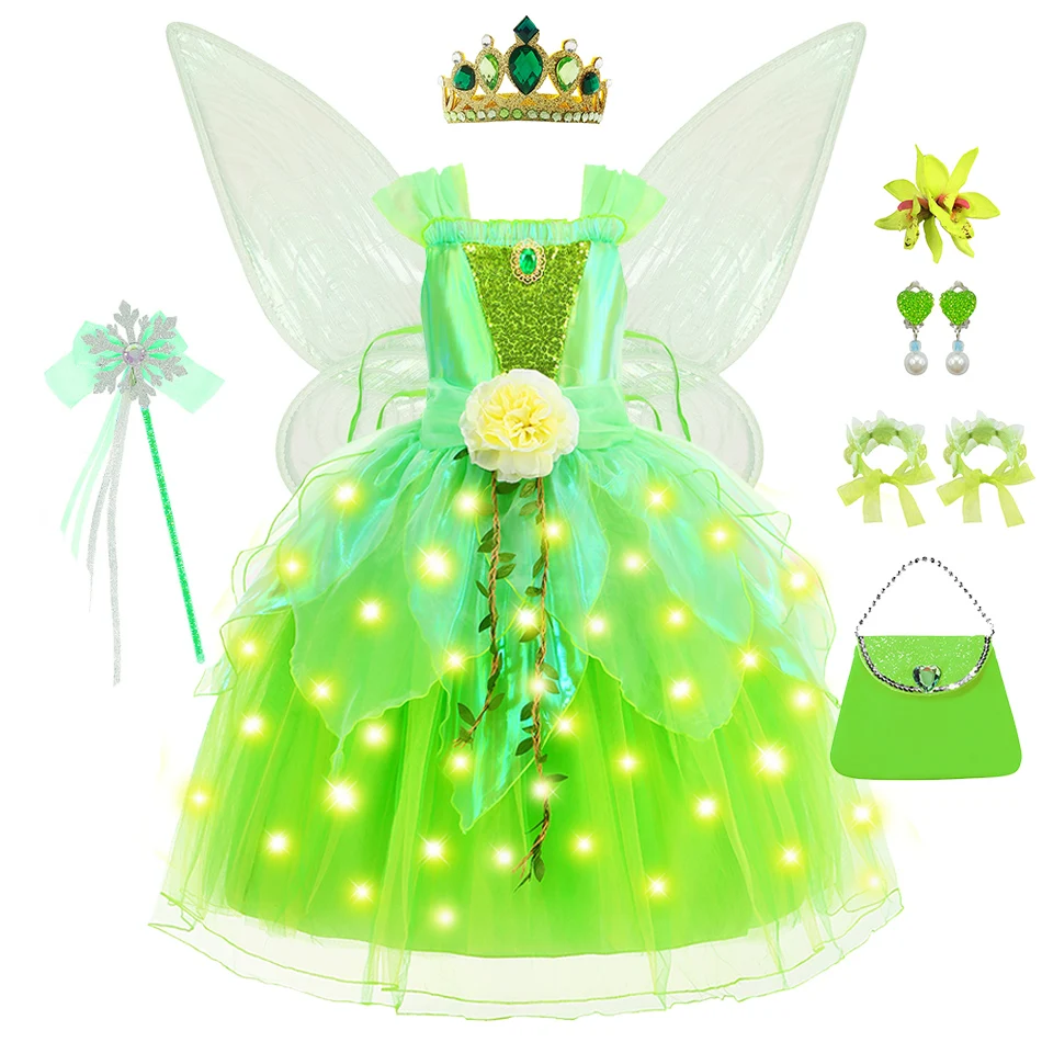 Girls Fairy Tinker Bell Clothes Halloween Carnival Fairy Elves Party Cosplay Costume Kids Frocks Ball Gowns Birthday Outfits