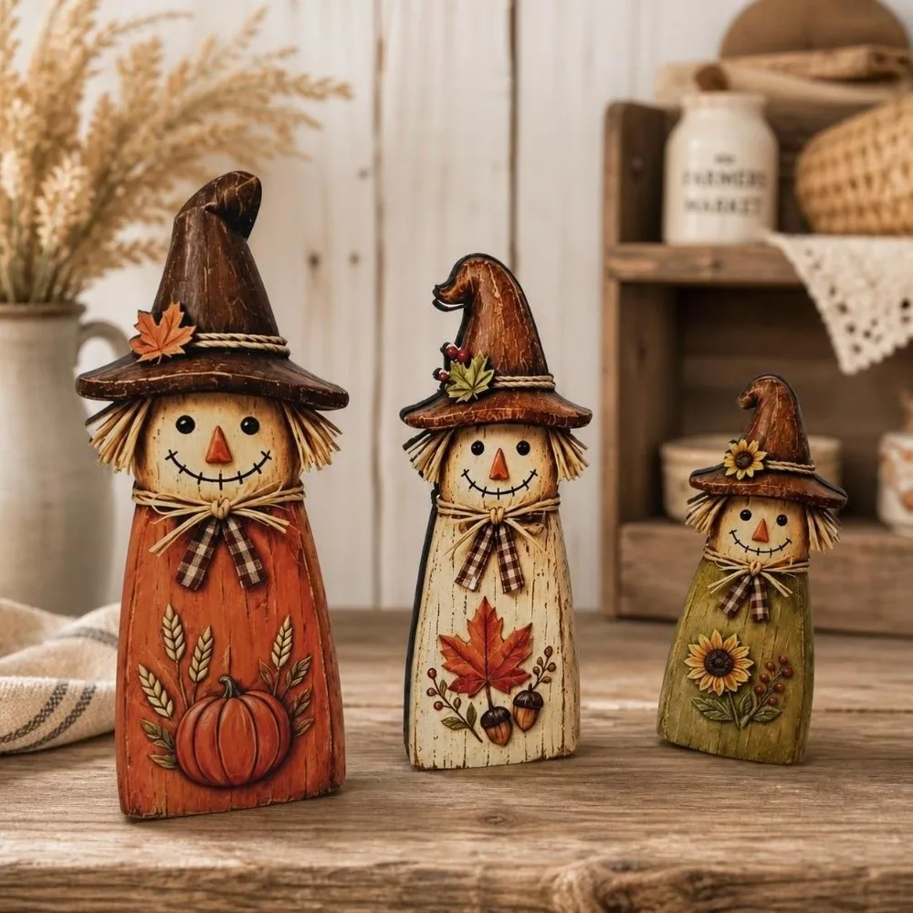 Vintage Witch Cat Decor Double Side Rustic Wooden Halloween Figurine Gothic Autumn Harvest Style Halloween Figurine Set