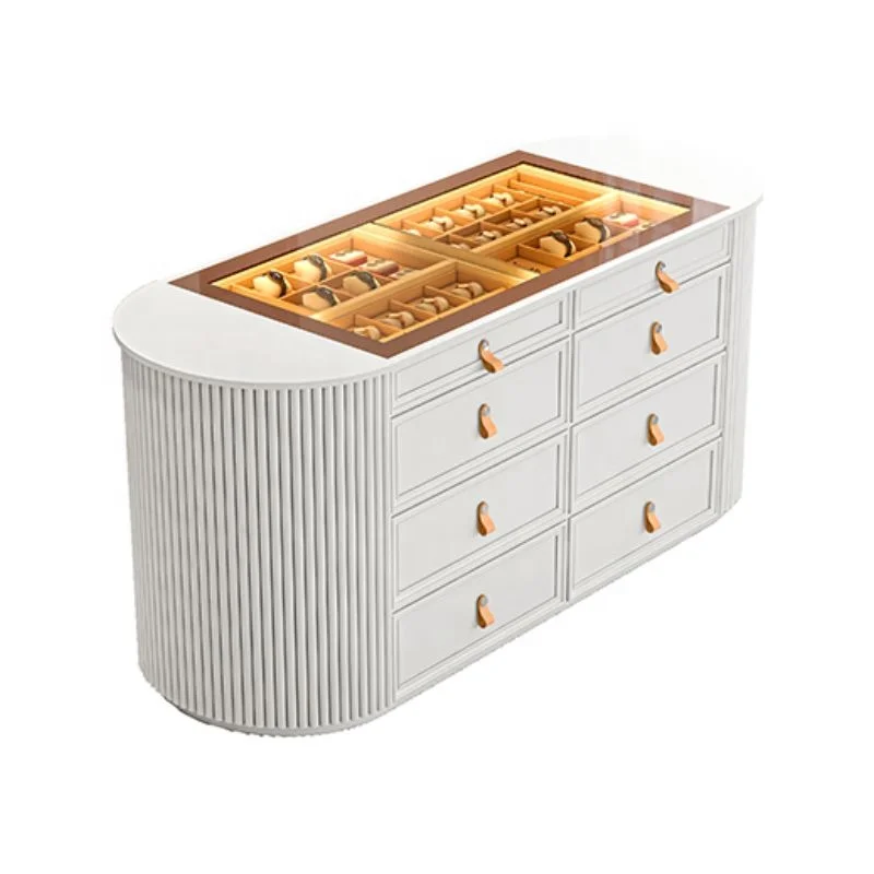 Walk-in Closet Chest of Drawer Glass Countertop and groove Side Solid Wood Panel Drawer With LED Light Island Cabinet view 5