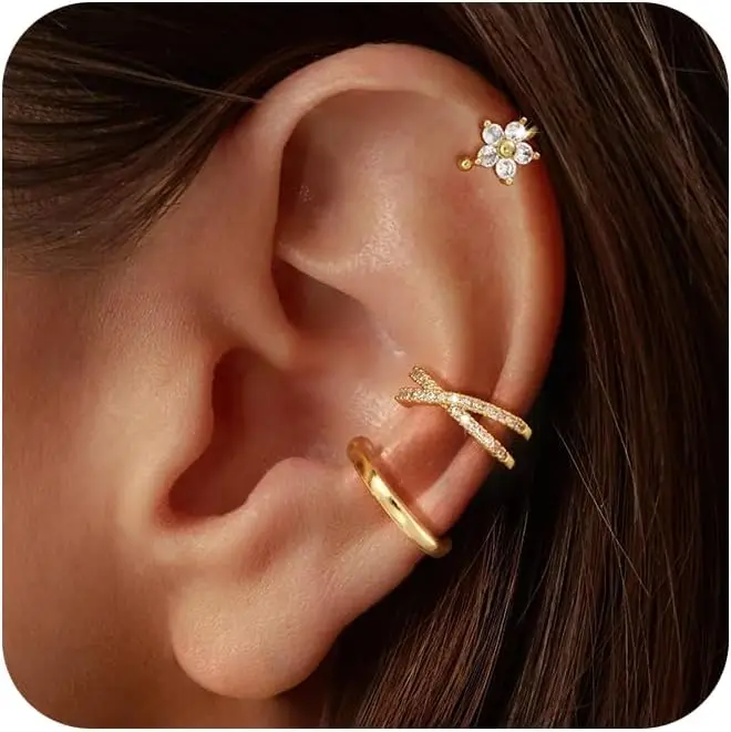 

3Pcs Trendy Gold Plated Cuff Earrings for Women - Dainty Clip On Cubic Zirconia Cartilage Jewelry