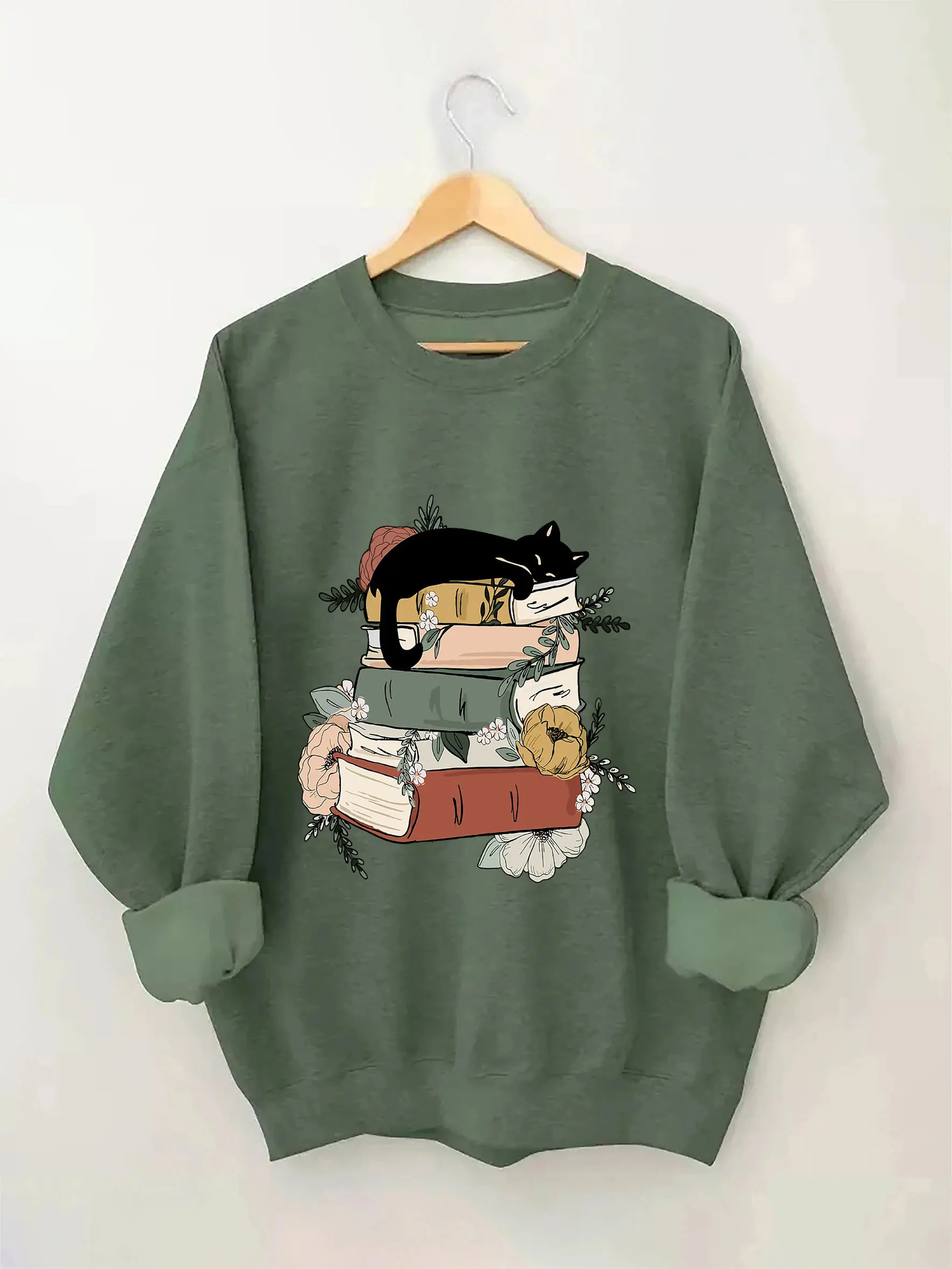 Cat Book Graphic Print Sweatshirt Cat Mom Sweatshirt Gift for Cat Lover Gift for Book Lovers